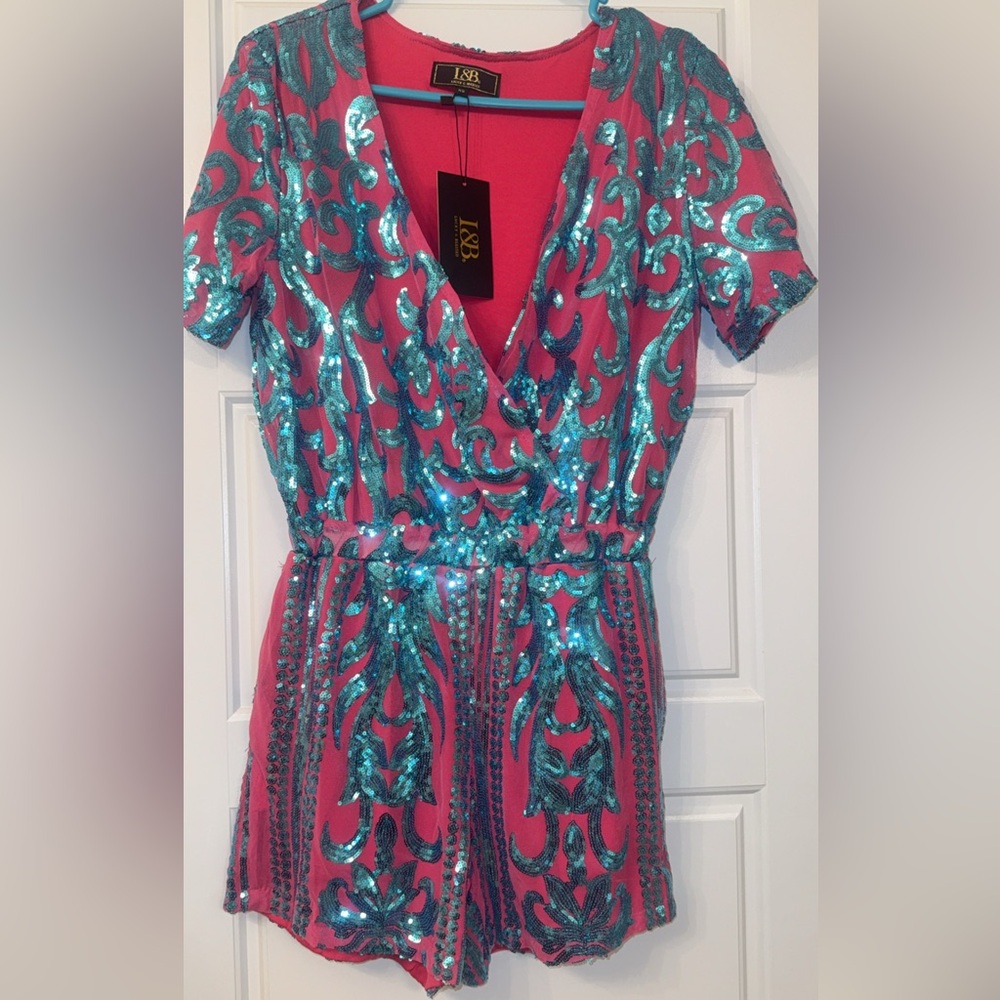 Lucky & Blessed Pink and Teal Sequin Romper NWT